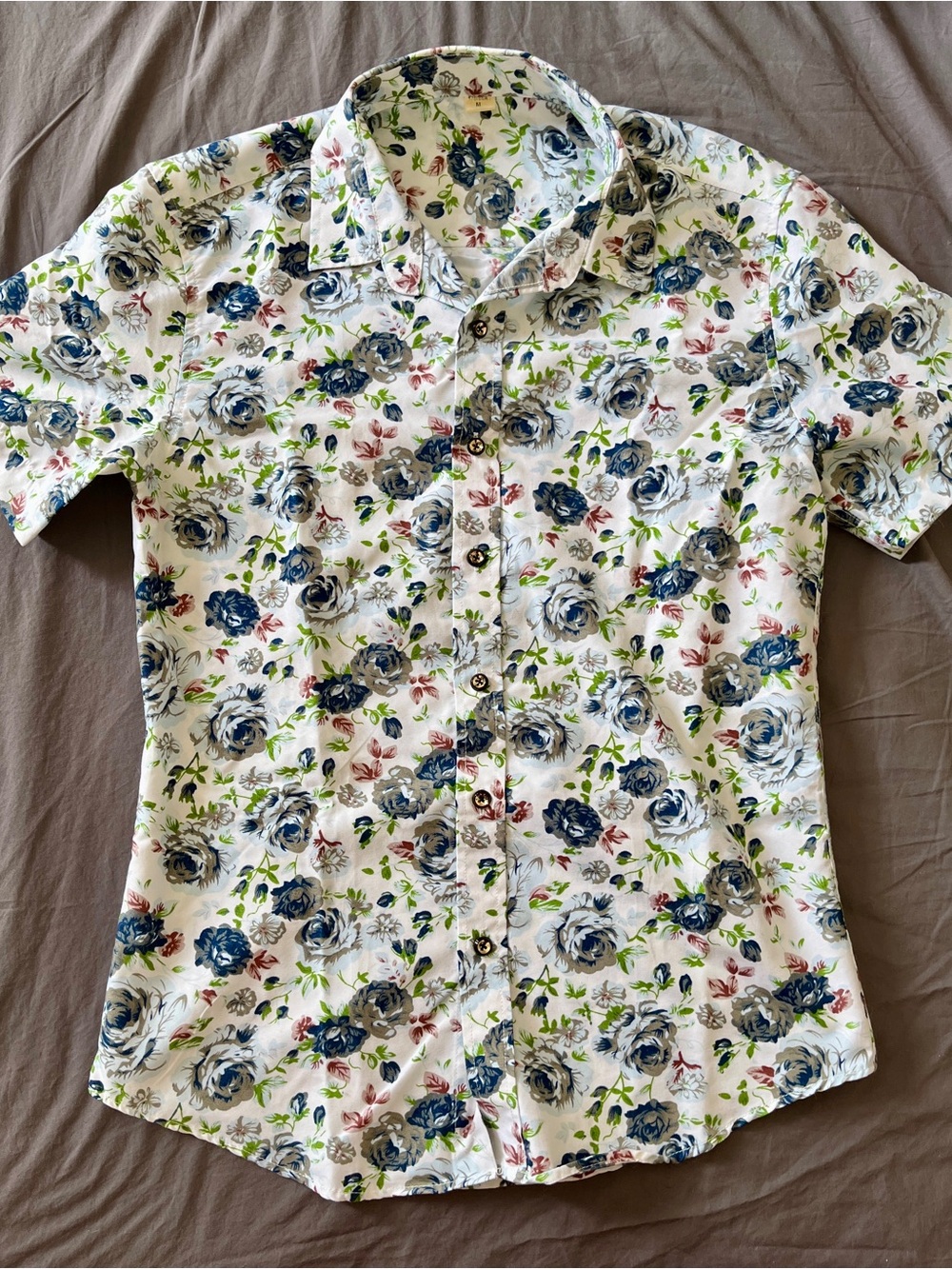 Men's White Floral Button-Up Shirt with Blue Roses